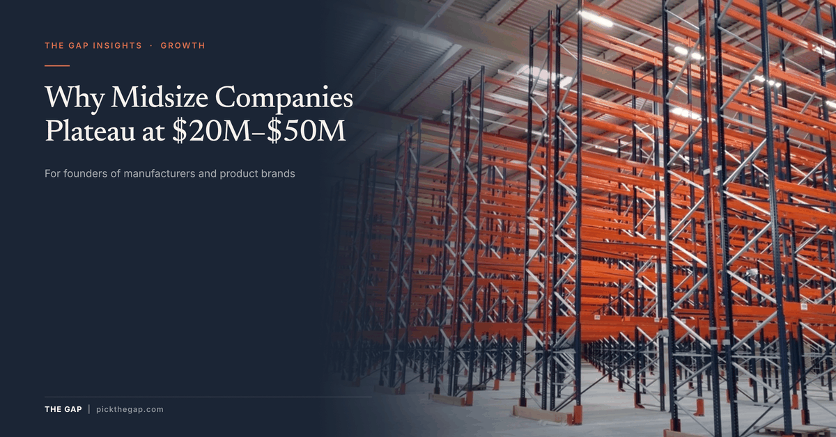 Why Midsize Companies Plateau at $20M–$50M – title beside tall rows of empty warehouse racking, The GAP